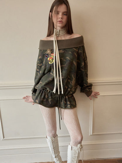 Camouflage Slanted Shoulder Drawstring Bud Sweatshirt【s0000015994】
