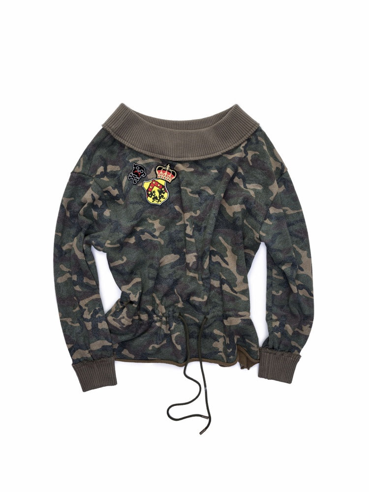 Camouflage Slanted Shoulder Drawstring Bud Sweatshirt【s0000015994】