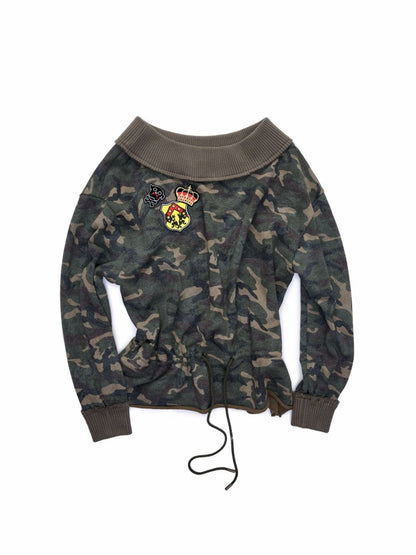 Camouflage Slanted Shoulder Drawstring Bud Sweatshirt【s0000015994】
