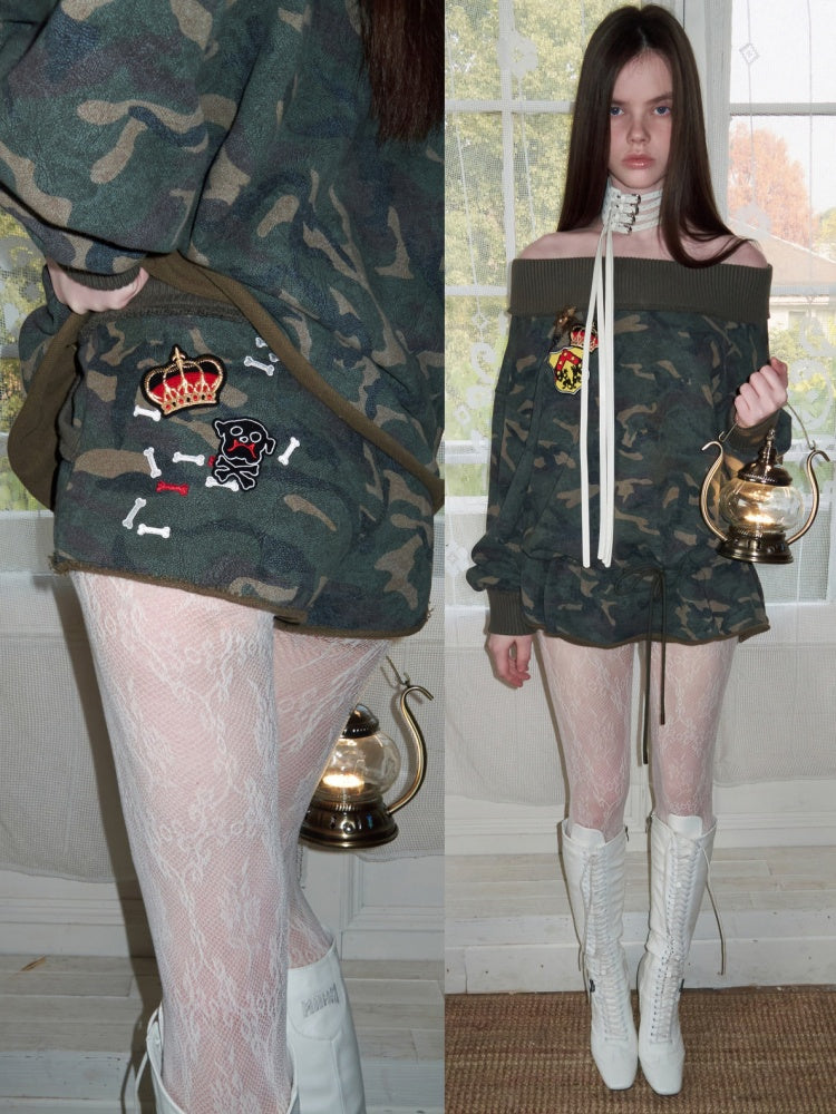 Camouflage Slanted Shoulder Drawstring Bud Sweatshirt【s0000015994】