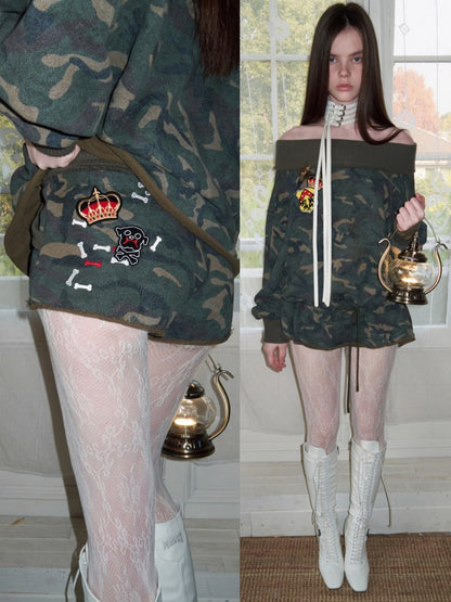 Camouflage Slanted Shoulder Drawstring Bud Sweatshirt【s0000015994】