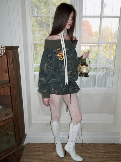 Camouflage Slanted Shoulder Drawstring Bud Sweatshirt【s0000015994】