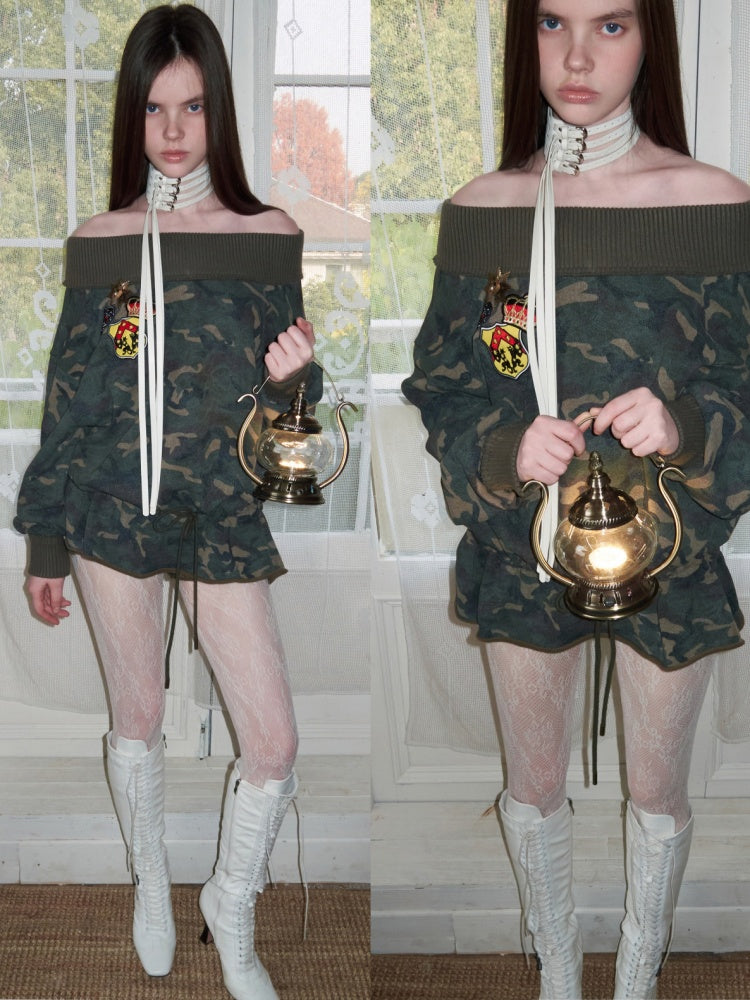 Camouflage Slanted Shoulder Drawstring Bud Sweatshirt【s0000015994】