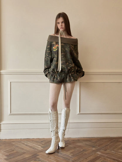 Camouflage Slanted Shoulder Drawstring Bud Sweatshirt【s0000015994】