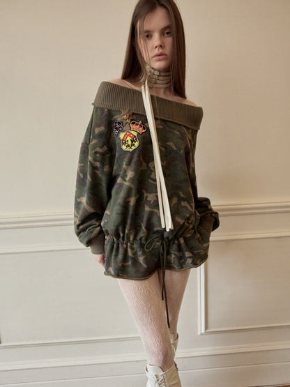 Camouflage Slanted Shoulder Drawstring Bud Sweatshirt【s0000015994】