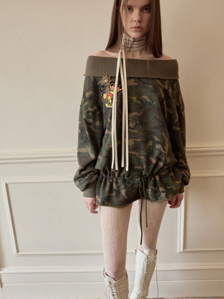 Camouflage Slanted Shoulder Drawstring Bud Sweatshirt【s0000015994】