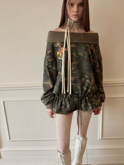 Camouflage Slanted Shoulder Drawstring Bud Sweatshirt【s0000015994】