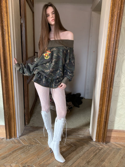 Camouflage Slanted Shoulder Drawstring Bud Sweatshirt【s0000015994】