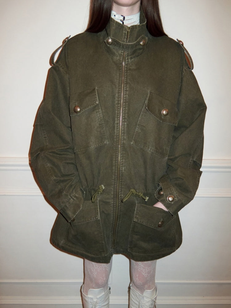 Washed Distressed Mid-Length Cargo Pocket Jacket【s0000015995】