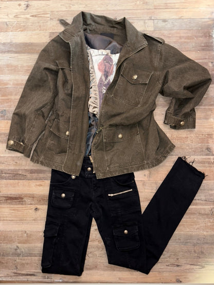 Washed Distressed Mid-Length Cargo Pocket Jacket【s0000015995】