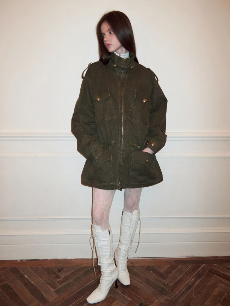Washed Distressed Mid-Length Cargo Pocket Jacket【s0000015995】