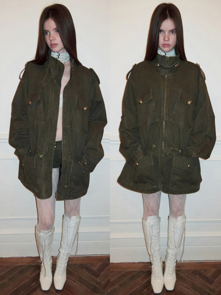 Washed Distressed Mid-Length Cargo Pocket Jacket【s0000015995】