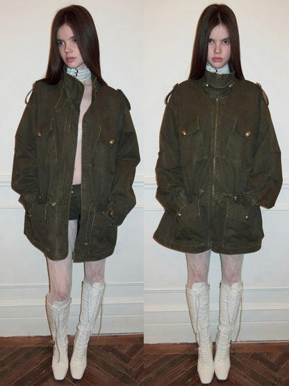 Washed Distressed Mid-Length Cargo Pocket Jacket【s0000015995】