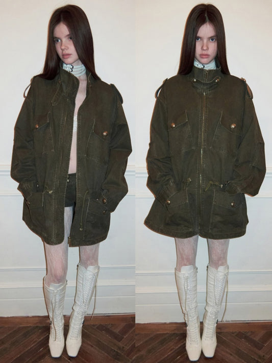 Washed Distressed Mid-Length Cargo Pocket Jacket【s0000015995】