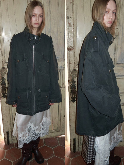 Washed Distressed Mid-Length Cargo Pocket Jacket【s0000015995】