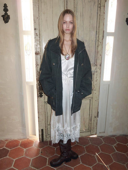 Washed Distressed Mid-Length Cargo Pocket Jacket【s0000015995】