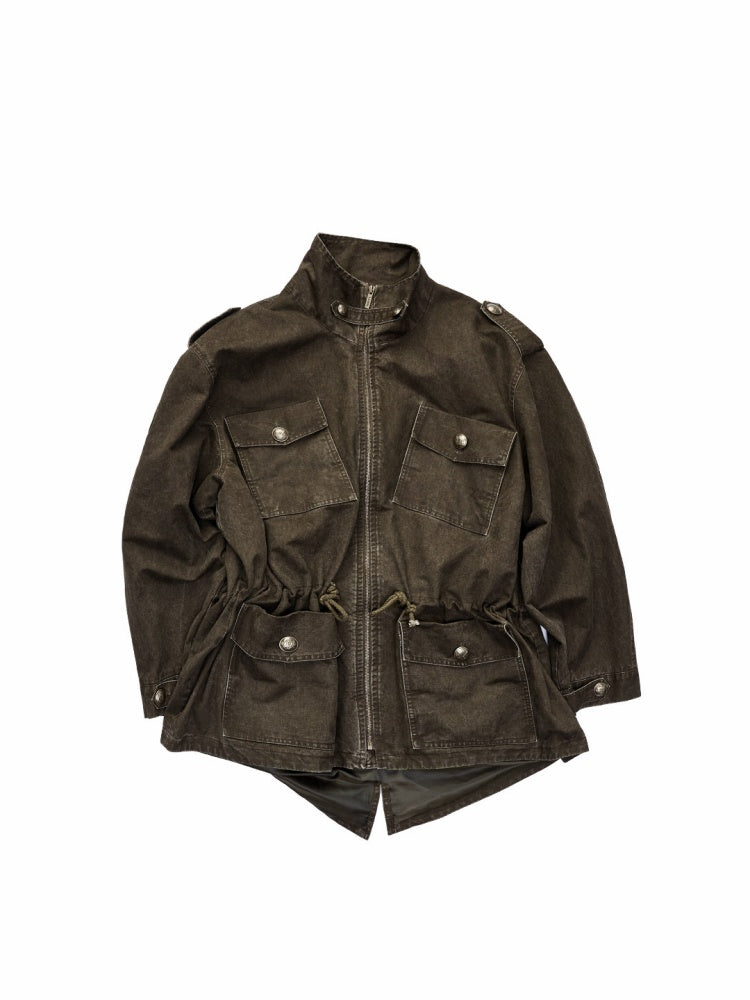 Washed Distressed Mid-Length Cargo Pocket Jacket【s0000015995】