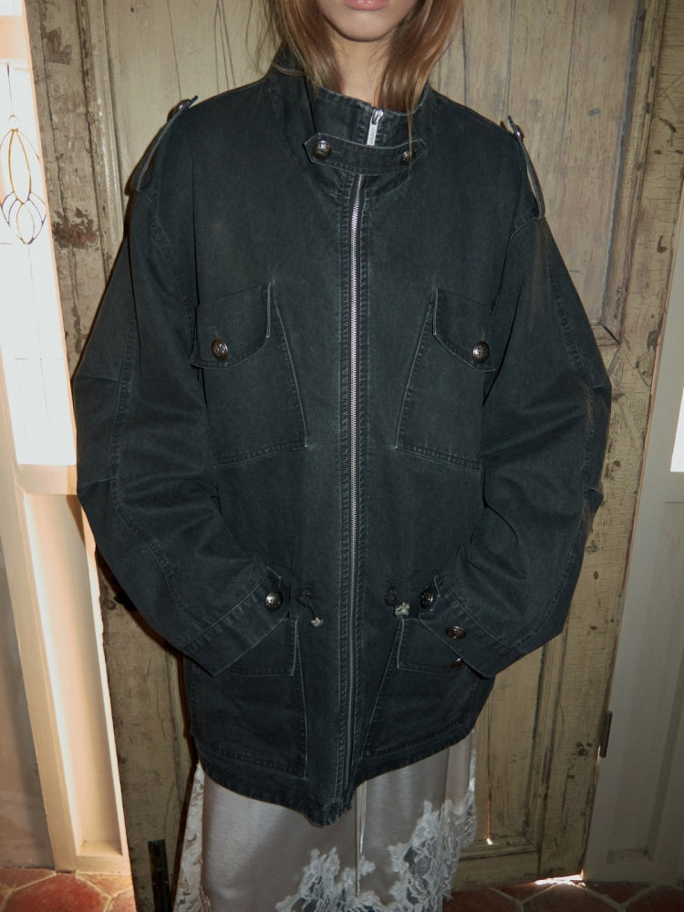Washed Distressed Mid-Length Cargo Pocket Jacket【s0000015995】