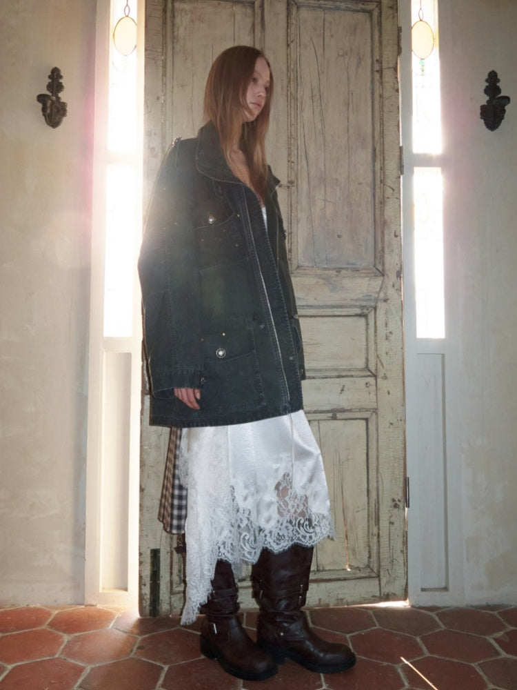 Washed Distressed Mid-Length Cargo Pocket Jacket【s0000015995】