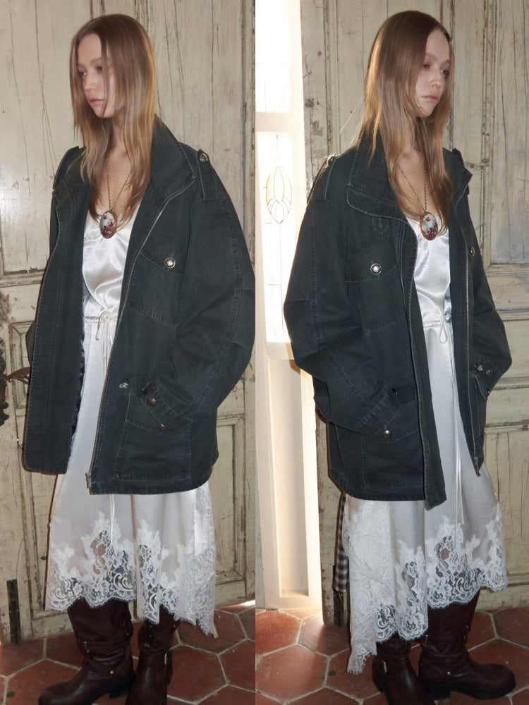 Washed Distressed Mid-Length Cargo Pocket Jacket【s0000015995】