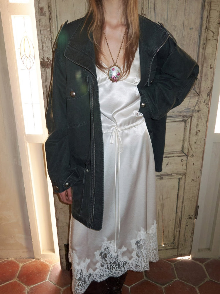Washed Distressed Mid-Length Cargo Pocket Jacket【s0000015995】