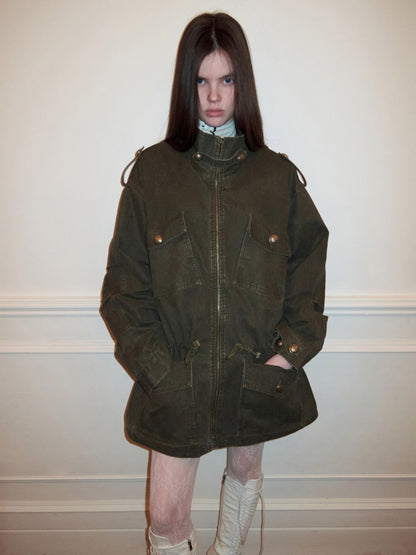 Washed Distressed Mid-Length Cargo Pocket Jacket【s0000015995】