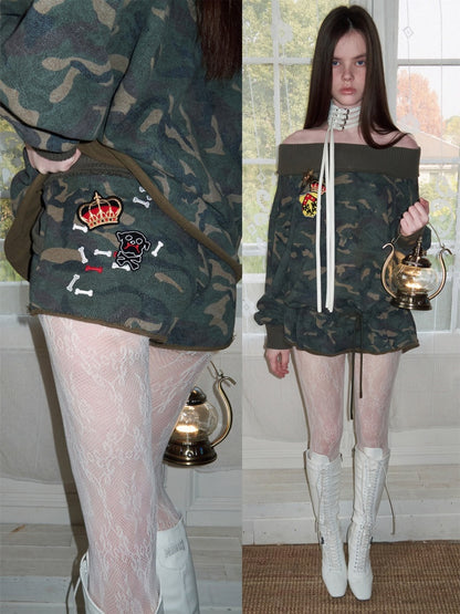 Camouflage Contrast Bone Embroidery Badge Ribbed Sweat Short Pants【s0000015996】