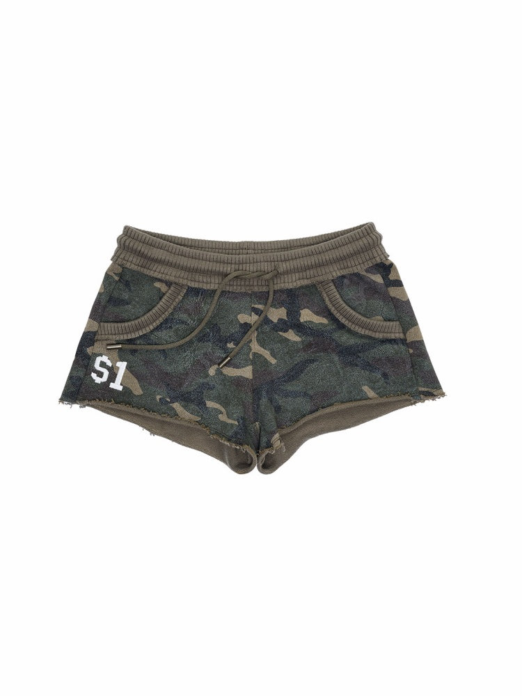 Camouflage Contrast Bone Embroidery Badge Ribbed Sweat Short Pants【s0000015996】
