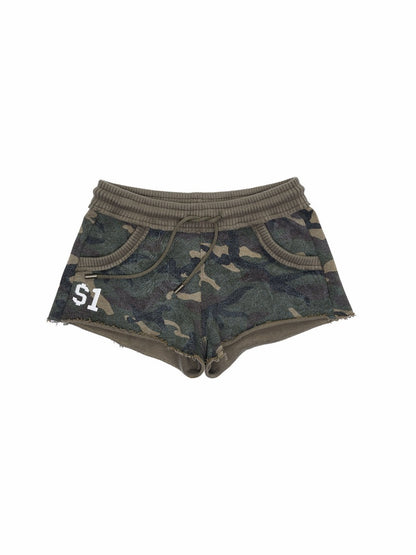Camouflage Contrast Bone Embroidery Badge Ribbed Sweat Short Pants【s0000015996】