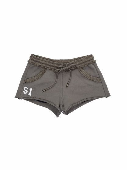 Camouflage Contrast Bone Embroidery Badge Ribbed Sweat Short Pants【s0000015996】