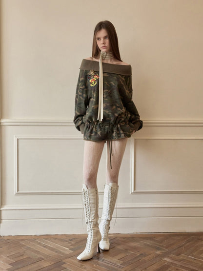 Camouflage Contrast Bone Embroidery Badge Ribbed Sweat Short Pants【s0000015996】