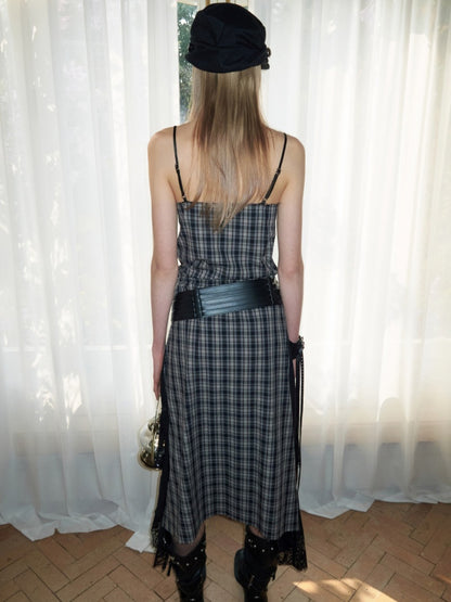Lace Irregular Plaid Patchwork V-Neck Suspender Dress【s0000015997】