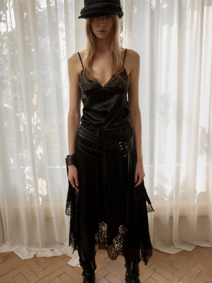 Lace Irregular Plaid Patchwork V-Neck Suspender Dress【s0000015997】