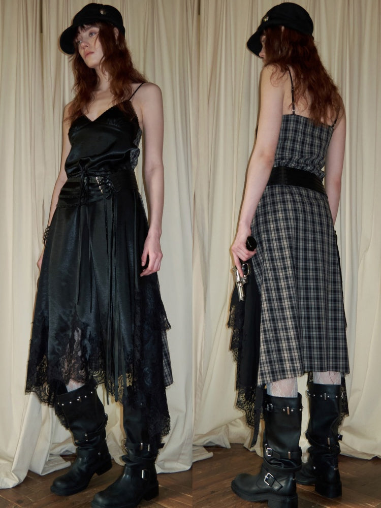 Lace Irregular Plaid Patchwork V-Neck Suspender Dress【s0000015997】