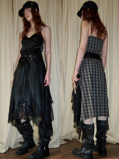 Lace Irregular Plaid Patchwork V-Neck Suspender Dress【s0000015997】