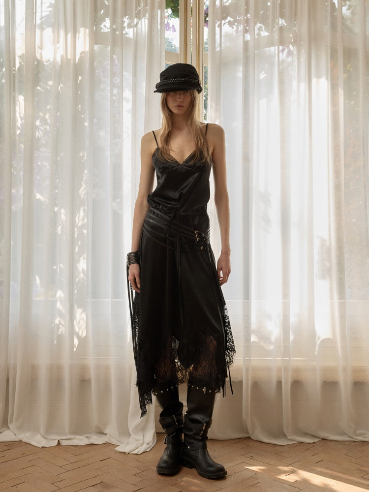 Lace Irregular Plaid Patchwork V-Neck Suspender Dress【s0000015997】