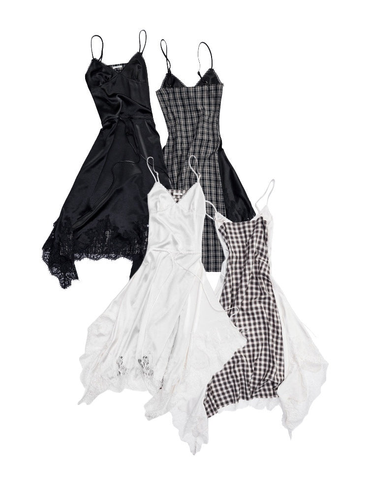 Lace Irregular Plaid Patchwork V-Neck Suspender Dress【s0000015997】