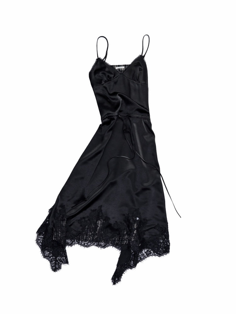 Lace Irregular Plaid Patchwork V-Neck Suspender Dress【s0000015997】