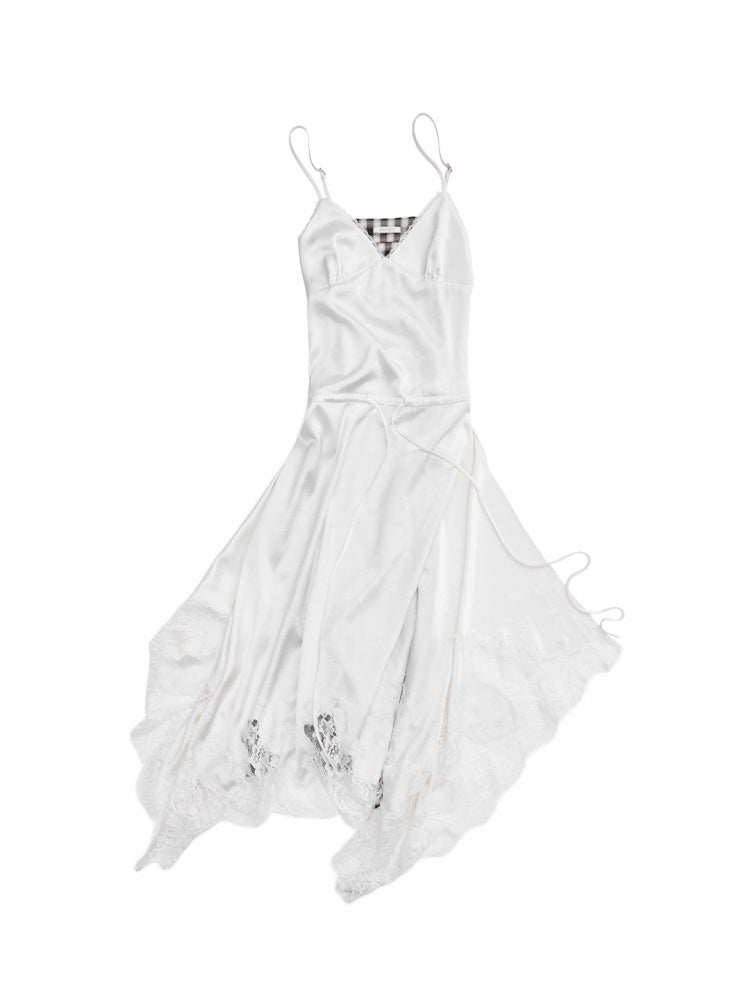 Lace Irregular Plaid Patchwork V-Neck Suspender Dress【s0000015997】