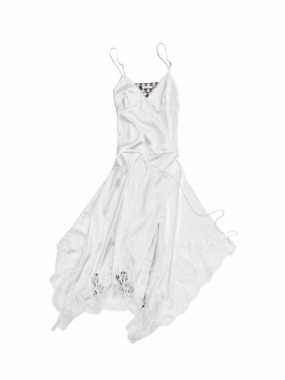 Lace Irregular Plaid Patchwork V-Neck Suspender Dress【s0000015997】