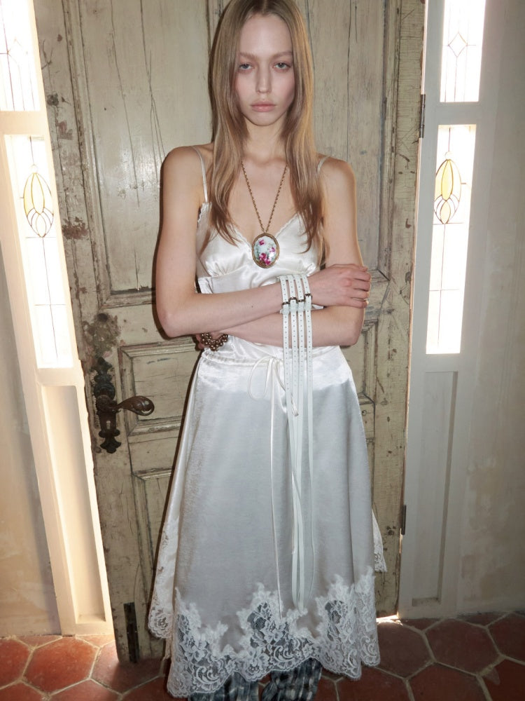 Lace Irregular Plaid Patchwork V-Neck Suspender Dress【s0000015997】