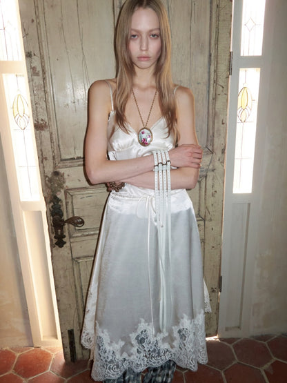 Lace Irregular Plaid Patchwork V-Neck Suspender Dress【s0000015997】