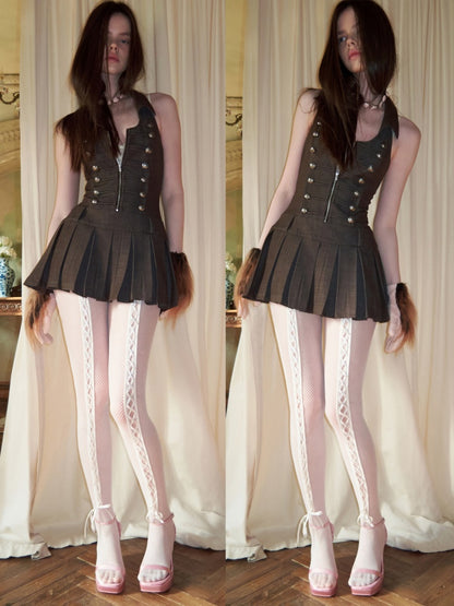 Double-Breasted Large U Lapel Open Back Pleated Dress【s0000015998】