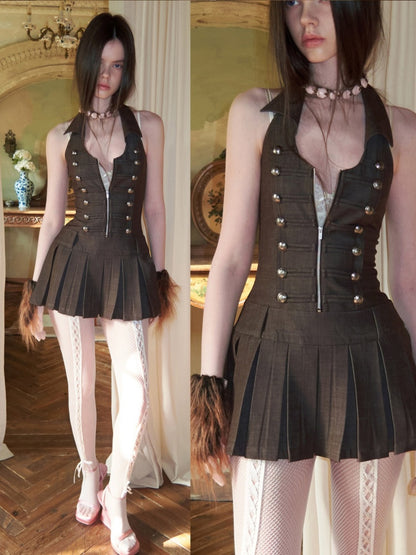 Double-Breasted Large U Lapel Open Back Pleated Dress【s0000015998】