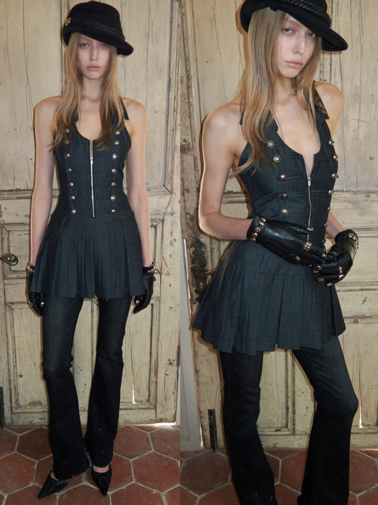 Double-Breasted Large U Lapel Open Back Pleated Dress【s0000015998】