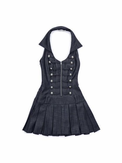 Double-Breasted Large U Lapel Open Back Pleated Dress【s0000015998】