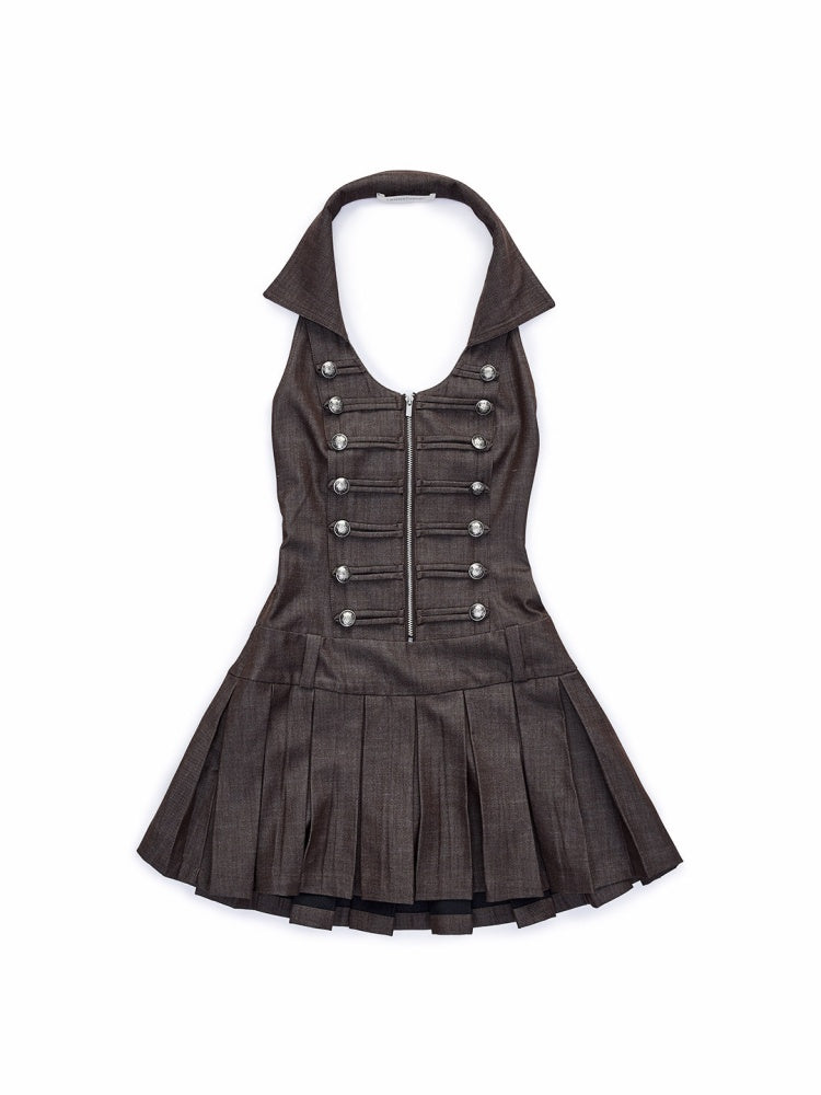 Double-Breasted Large U Lapel Open Back Pleated Dress【s0000015998】