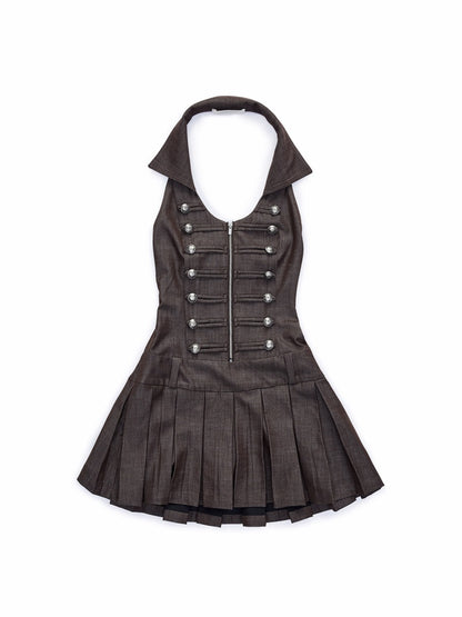 Double-Breasted Large U Lapel Open Back Pleated Dress【s0000015998】