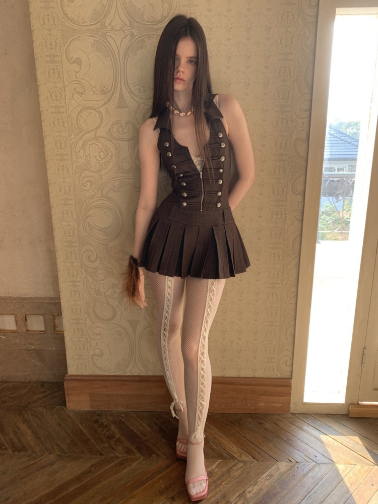 Double-Breasted Large U Lapel Open Back Pleated Dress【s0000015998】