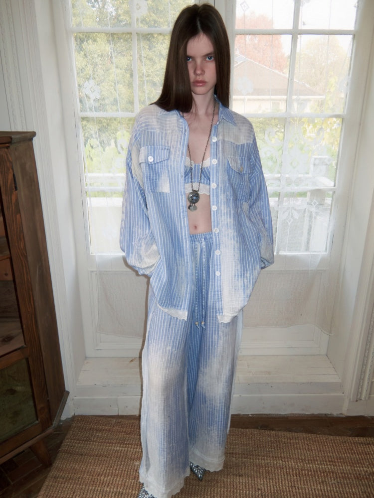 Washed Vertical Striped Shirt & Straight-Leg Pants & Bra【s0000015999】
